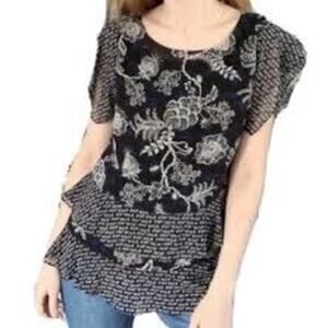 CAbi Women Navy Blue, Black and White Floral Print Embellished Blouse Size M